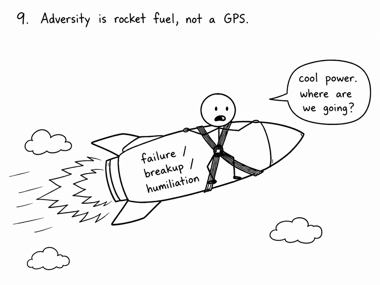 Rocket lifting off the launch pad. Note 9: pain can launch you but it can't steer you.