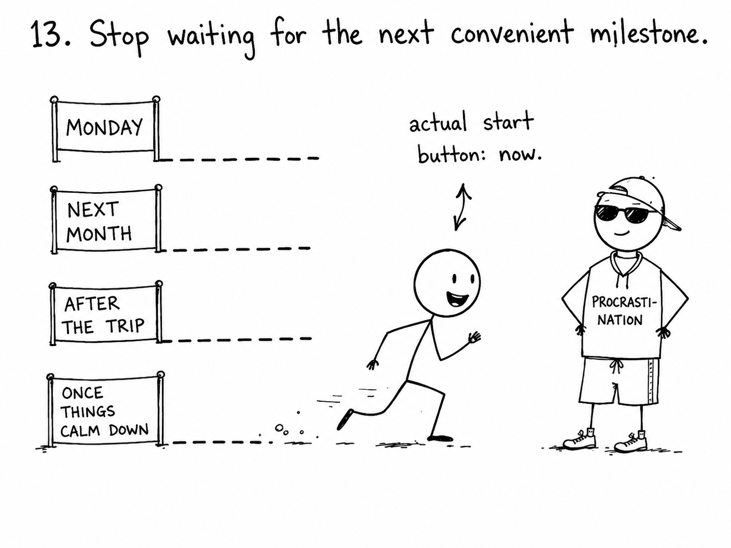 Runner stretching in athleisure on an imagined starting line. Note 13: the clean starting line is procrastination in disguise.