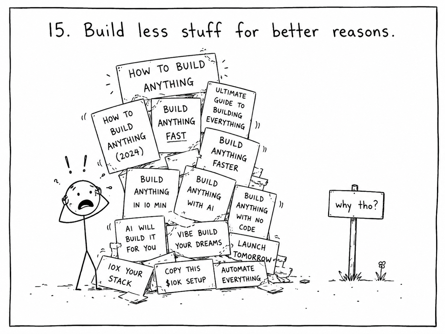 Person at a laptop staring at a half-drawn blueprint. Note 15: access is cheap, attention is expensive, choose the build.